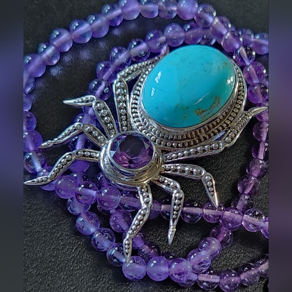 NICKY BUTLER 925 Sterling Silver Turquoise Amethyst Spider Brooch Pendant NB 🕷